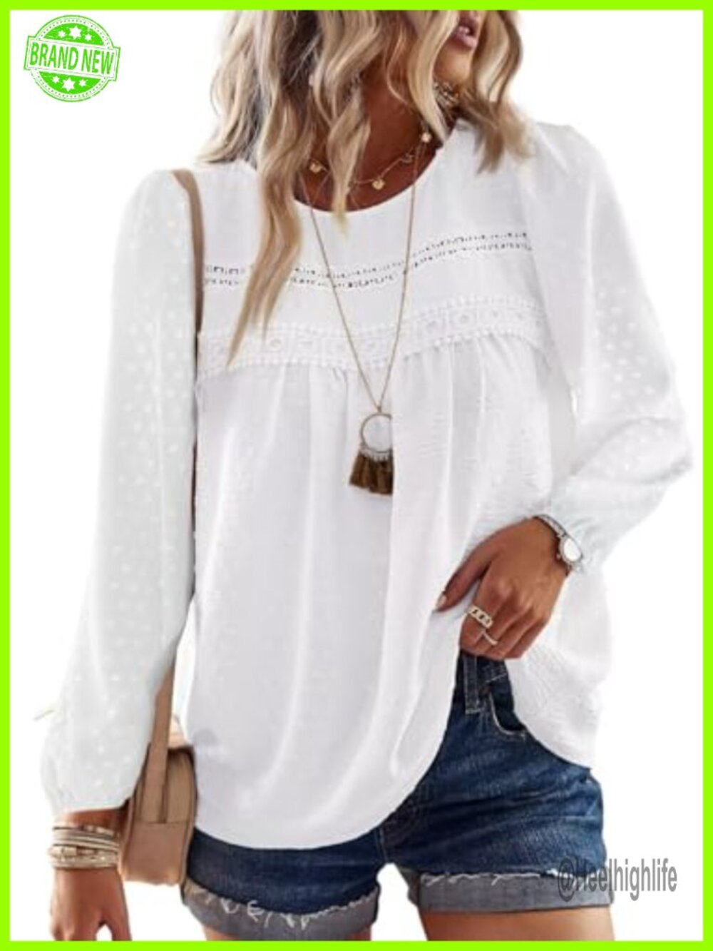 Boho Lace Crochet Long Sleeve Blouse Crew Neck Loose Fit Top